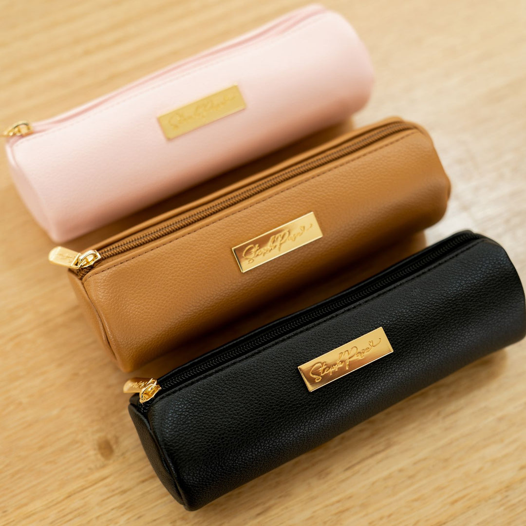 Barrel Vegan Leather Pencil Case - Tan