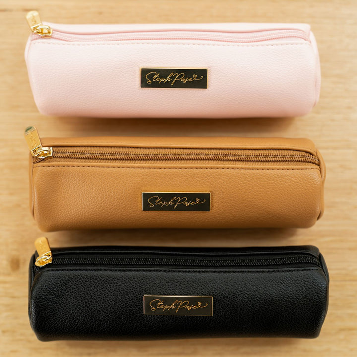 Barrel Vegan Leather Pencil Case - Tan