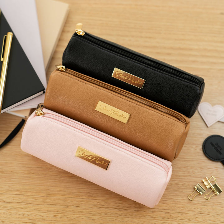 Barrel Vegan Leather Pencil Case - Black