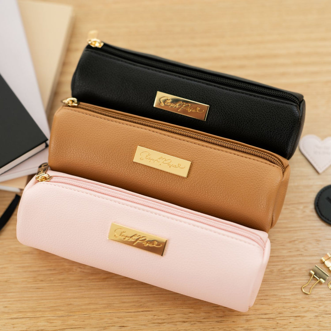Barrel Vegan Leather Pencil Case - Tan