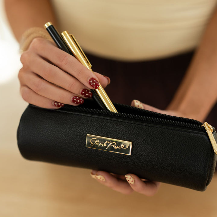 Barrel Vegan Leather Pencil Case - Black
