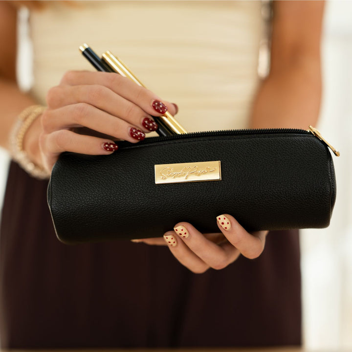 Barrel Vegan Leather Pencil Case - Black