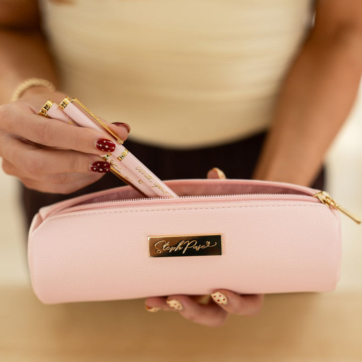 Barrel Vegan Leather Pencil Case - Blush Pink