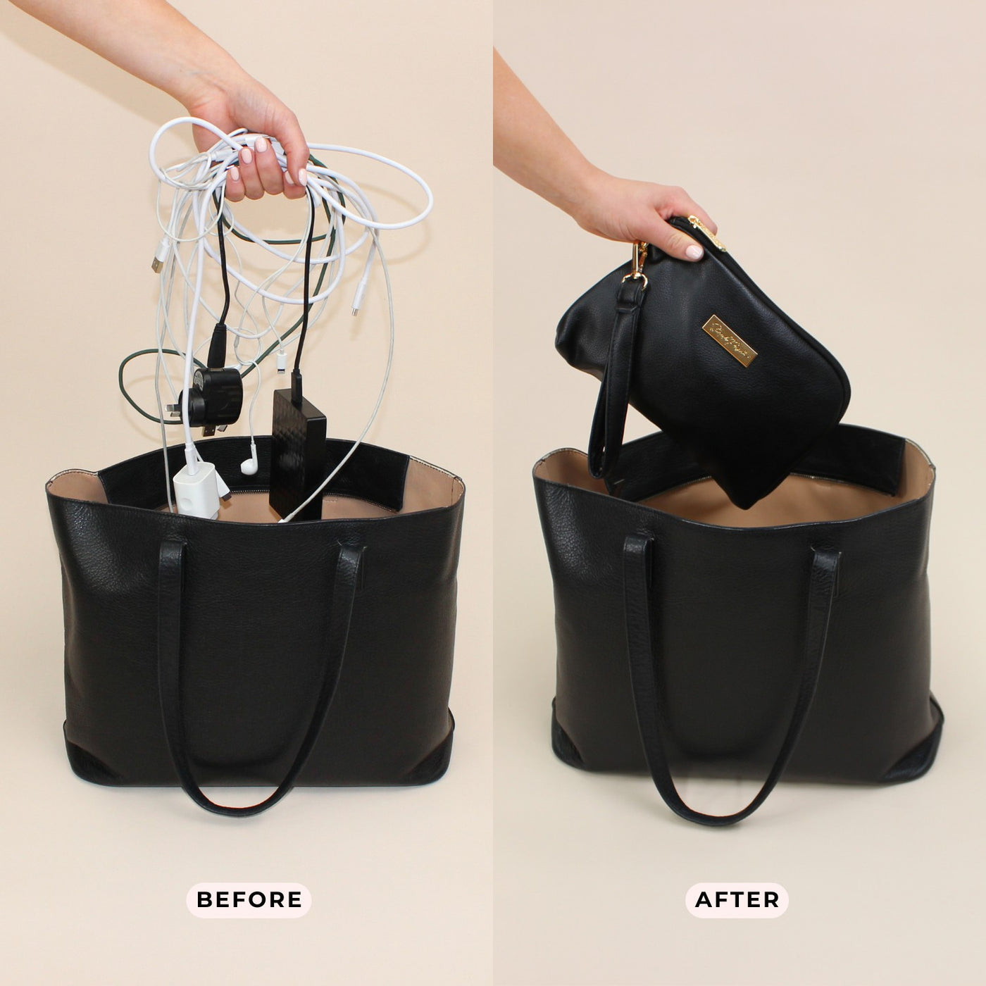 Before and after comparison of a black handbag filled with messy cables, and a black handbag with a neat black tech storage pouch.