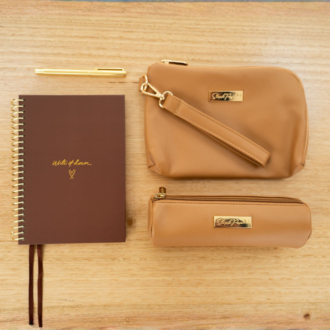 Barrel Vegan Leather Pencil Case - Tan