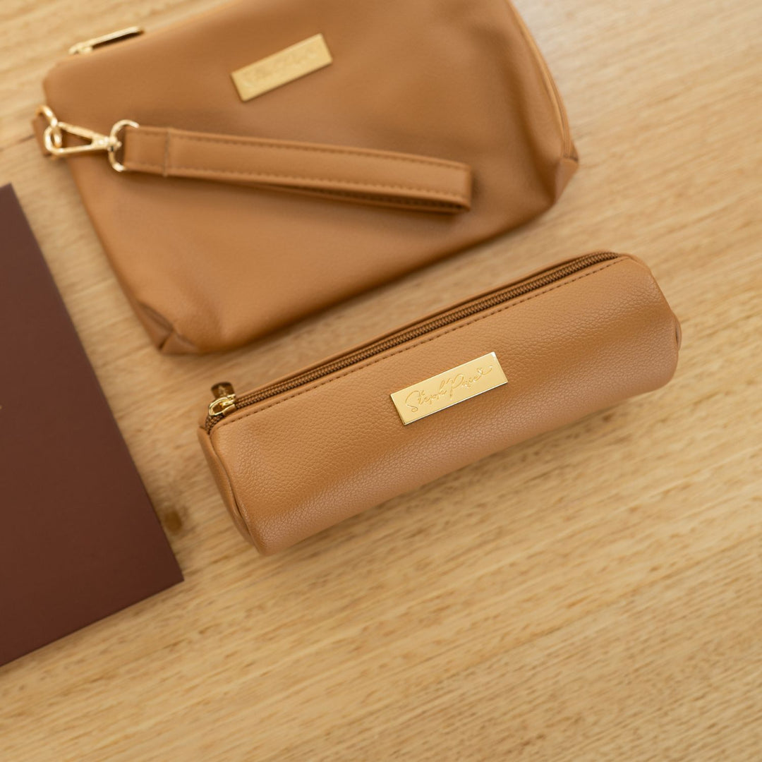 Barrel Vegan Leather Pencil Case - Tan