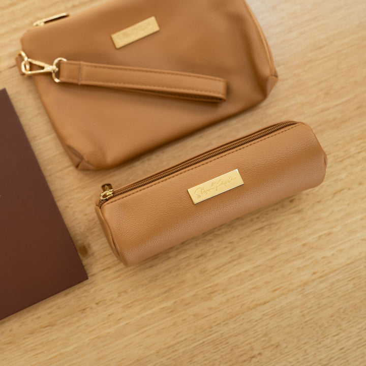 Barrel Vegan Leather Pencil Case - Tan